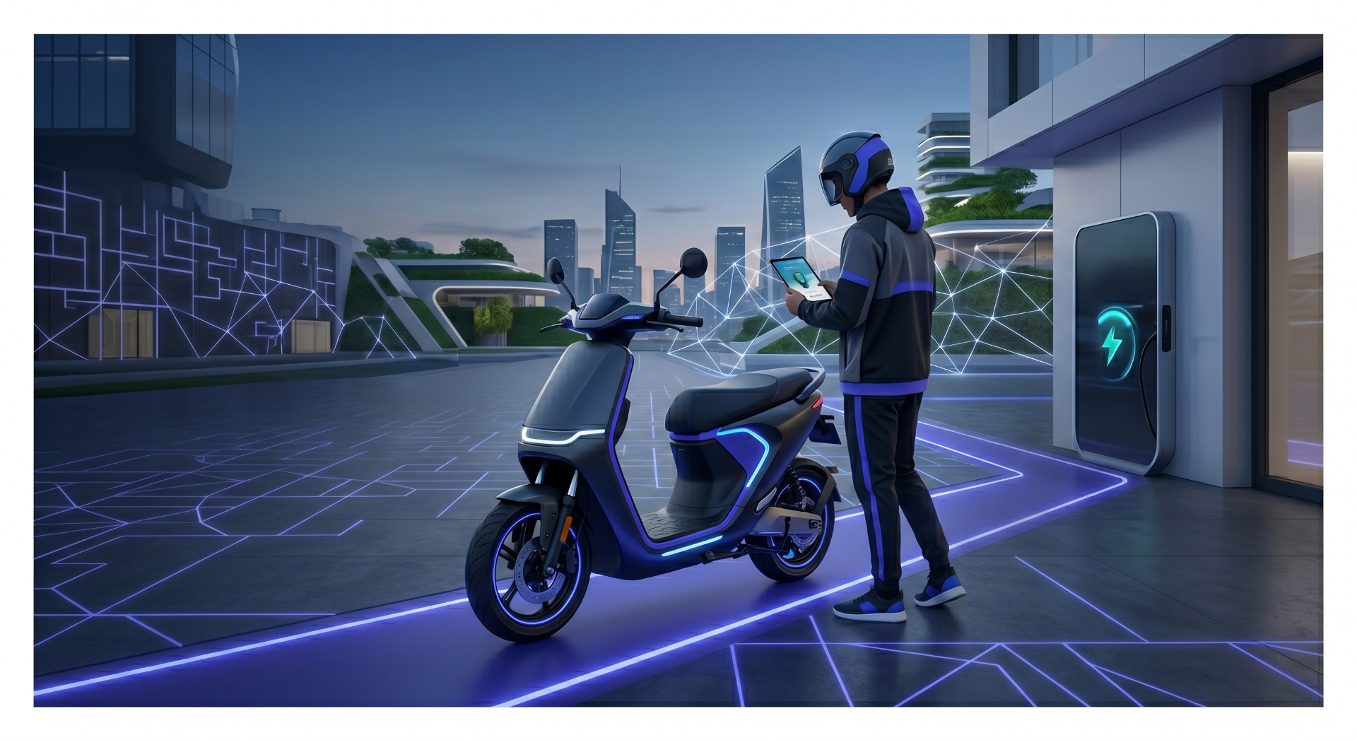 Urbiq One in a futuristic city at dusk